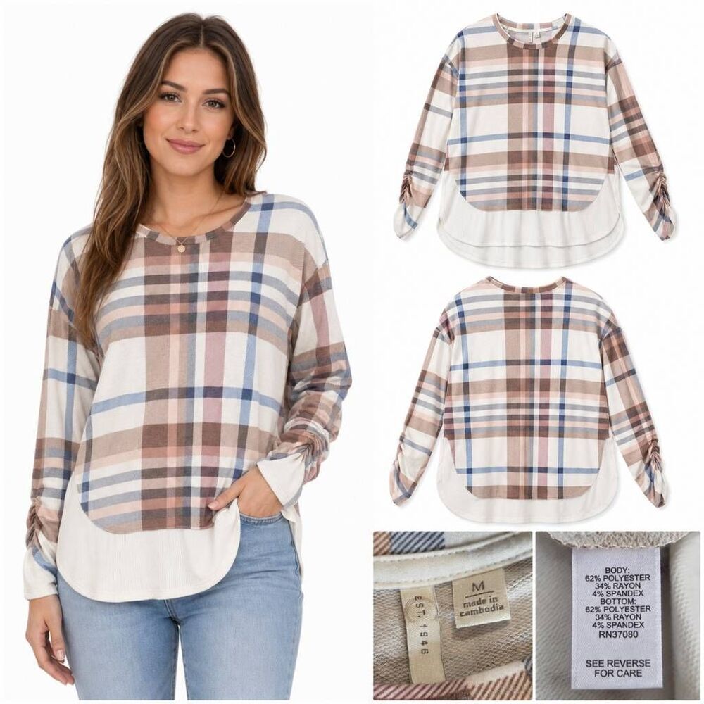 Cato M Plaid Layered Hem Ruched Sleeve Top